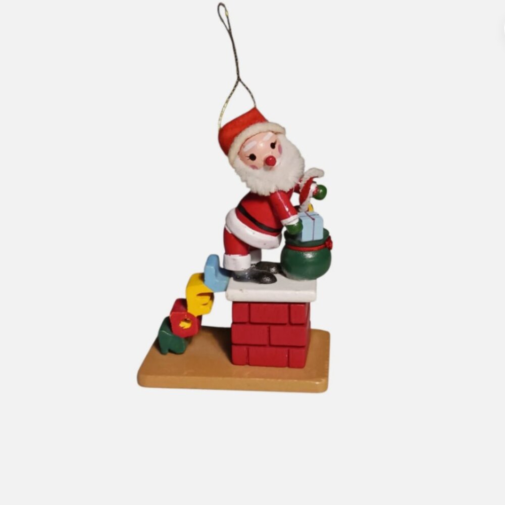 Vintage wooden Christmas ornament Noel Santa Claus chimney gift